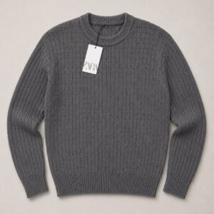Suéter Zara Tricô Premium Texturizado Gola Careca — Cinza