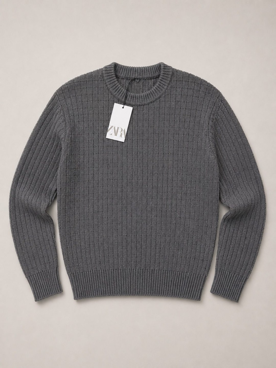 Suéter Zara Tricô Premium Texturizado Gola Careca — Cinza