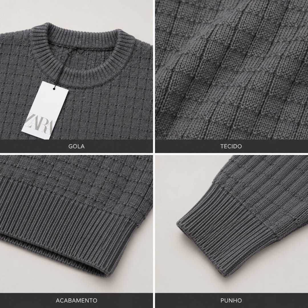 Suéter Zara Tricô Premium Texturizado Gola Careca — Cinza - Imagem 3